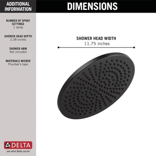 Delta Matte Black Round Rain Shower Head, 12 Inch Metal Large Shower Head Rainfall, Overhead Rain Showerhead, 2.5 GPM Flow Rate, Matte Black 52158-BL25
