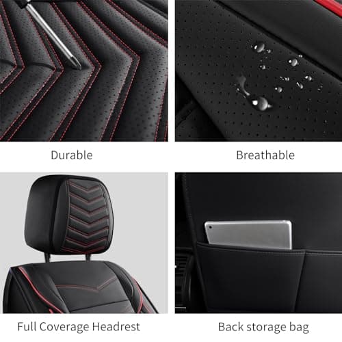 Car Seat Covers,Breathable and Waterproof Leather Seat Covers for Cars,Universal Anti-Slip Driver Seat Cover with Backrest for SUV Pick-up Truck Sedan(Style1,2 PCS Front Seat,Black+Red)