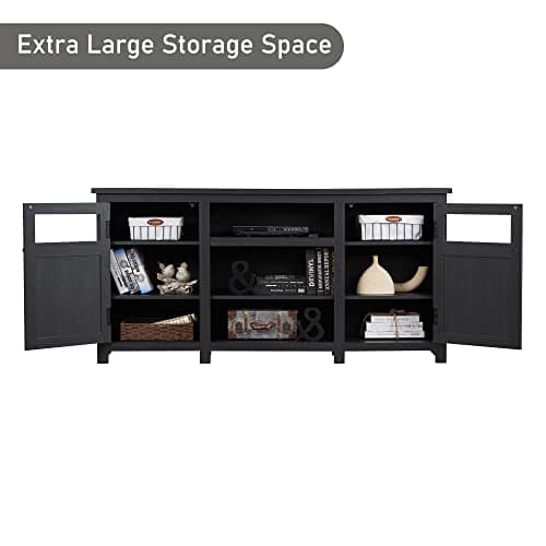 JXQTLINGMU Farmhouse TV Stand for 75 Inch TV, Entertainment Center with Storage, Rustic TV Cabinet with Barn Doors, 66" TV Console for Living Room, Adjustable Shelf - Black