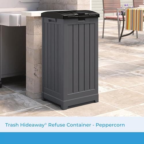 Suncast Trash Hideaway 39 Gallon Outdoor Trash Can Patio or Deck Waste Bin with Latching Lid, Liquid Tray, Handles, and Trash Bag Holder, Peppercorn