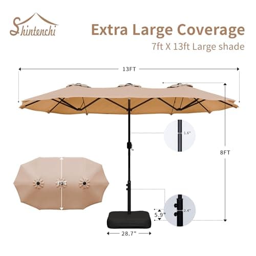 Shintenchi 13FT Large Patio Umbrella with Base, Outdoor Double-Sided Rectangular Shade with Crank Handle for Poolside Lawn Garden, Khaki