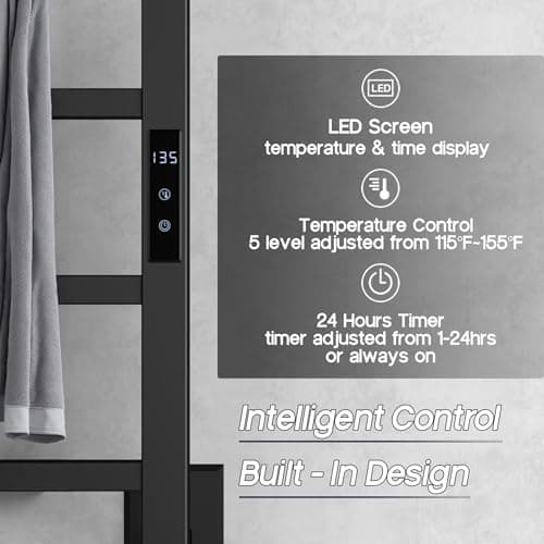 Towel Warmer Rack with 24hr Timer, Matte Black Heated Towel Rack for Bathroom, Plug-in/Hardwired, Wall Mounted 6-Bar Electric Towel Warmer with Temperature Control
