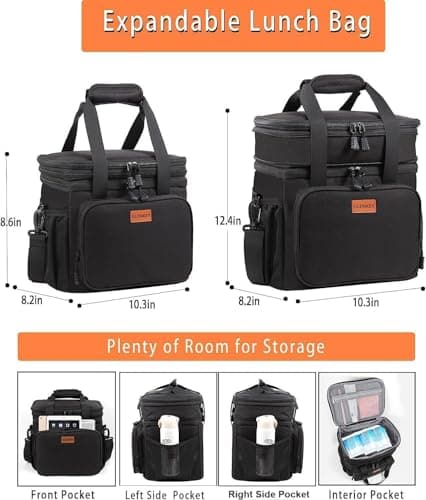 GLENKEY Expandable Insulated Large Lunch Box, Double Deck Heavy Duty Durable Lunch Bag Leakproof Cooler Bags for Men Women Adults Work Shift Flight Beach Daytrip, 20 Can, Black