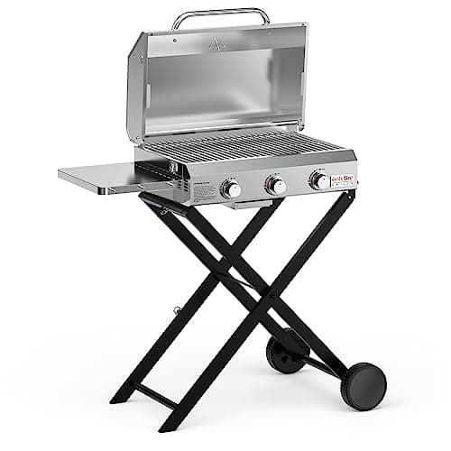 Onlyfire BBQ Gas Grill 3-Burner with Foldable Cart & Side Table, Portable Propane Grill with Lid for Outdoor Patio Backyard Barbecue Camping Tailgating RV Trip, Stainless Steel, GS308