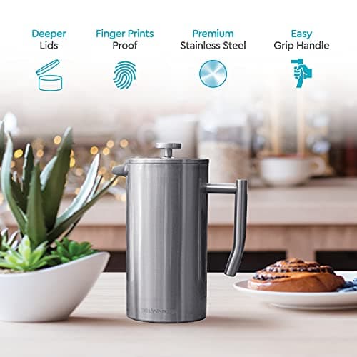 Belwares French Press Coffee Maker 50 Oz – Insulated Coffee Press Stainless Steel 304 Large – Double Wall, & 4 Level Filtration System (1.5 Liter) – Silver