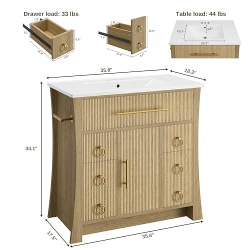 IRONCK 36" Bathroom Vanity with Sink, Freestanding Bathroom Sink Cabinet with 4 Drawers & 1 Flip-Down Drawer, Wood Grain Texture, Metal Handle, Farmhouse