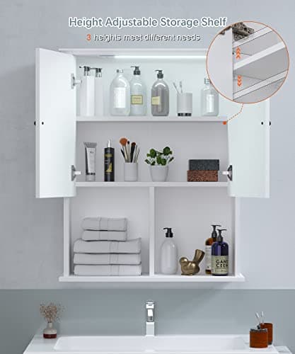 HAIOOU Bathroom Wall Cabinet with Motion Sensor LED Light, Wooden Medicine Cabinet Wall Mounted Cupboard, Over Toilet Storage Cabinet with Buffering Hinges and Adjustable Shelf - Modern White