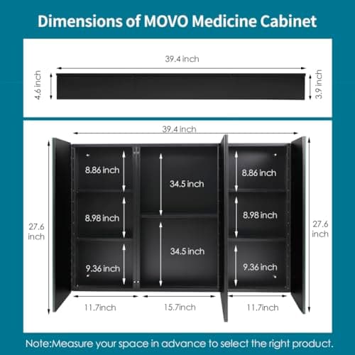 Movo 40 Inch x 28 Inch Black Bathroom Mirror Medicine Cabinet, Frameless Large Wall Mount Medicine Cabinet with 3 Doors,Rmovable Shelves