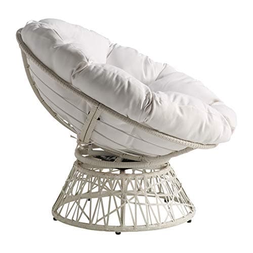 OSP Home Furnishings Wicker Papasan Chair with 360-Degree Swivel, White Frame with White Cushion