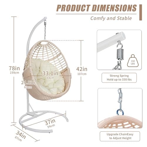 TWT Egg Swing Chair with Stand Hanging Egg Chair Outdoor - Rattan Wicker Patio Hanging Basket Chair Hammock Chair with Metal Frame and UV Resistant Cushion for Indoor Bedroom Balcony (Beige)