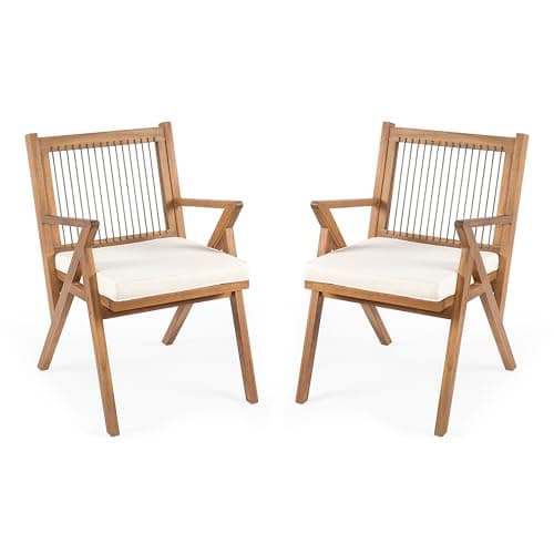 Christopher Knight Home Becker Outdoor Dining Chairs Set of 2 with Cushion, Acacia Wood Dining Room Armchair Set, Garden Chair Set with Handwoven Accent, Patio Dinners Comfy Extra Seat, Cream + Teak