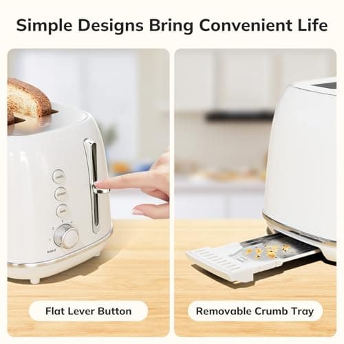 Keenstone Toaster 2 Slice, Retro Wide Slot Stainless Steel Toaster with 6 Browning Levels, Reheat & Defrost, for Bagel, Toast, Bread, Kitchen Essentials, Removable Crumb Tray, White