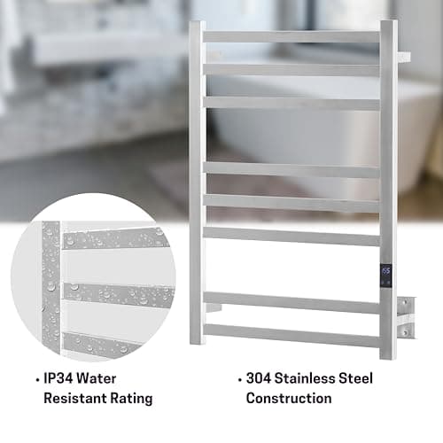 8-Bar Heated Towel Rack - Slim Design, Quick Heating, Adjustable Temperature, 24-Hour Timer - Brushed Stainless Steel - Ideal for Hot Towels in Bathroom