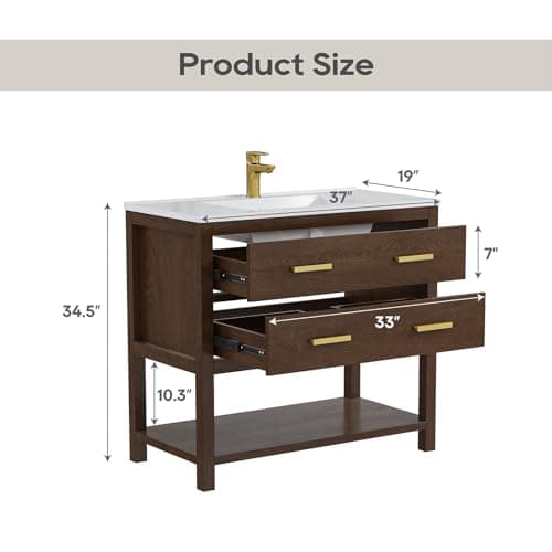 36 Inch Bathroom Vanity with Sink, Farmhouse Storage Cabinet with Drawers & Open Storage Shelf, Easy Assembly, Adjustable Feet, Walnut