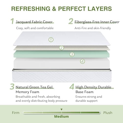6 Inch Twin Mattress for Kids, Memory Foam Mattress with Cooling Green Tea Gel, Relieve Pressure with Medium Firm Support, CertiPUR-US Certified, 75''L x 38''W, White
