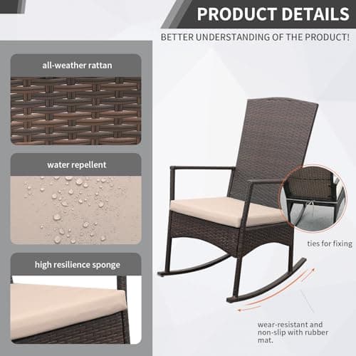 Outdoor Rocking Chair 3 Pieces High-Backed Rocking Chair Patio Rocking Chairs Outdoor Table, Khaki