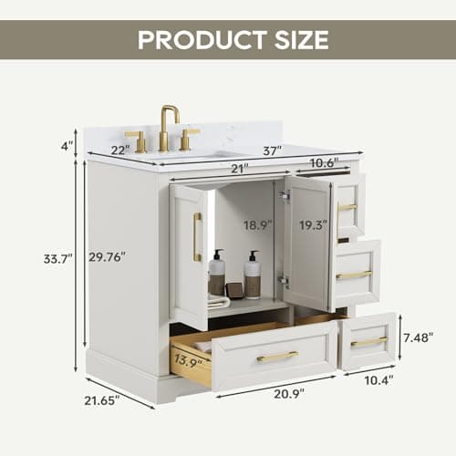 36 Inch Bathroom Vanity with Sink, Solid Wood Frame with Engineered Marble Top, Fully Assembled Storage Cabinet with 2 Soft-Closing Doors & 4 Drawers, Backspalsh, Greige