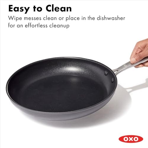 OXO 12” Nonstick Frying Pan Skillet, Enhanced PFAS-Free Ceramic Nonstick, Durable Hard Anodized Cookware, Scratch Resistant, Good Grips, Easy Clean Dishwasher Safe, Oven Safe, Drip Free Pours, Black