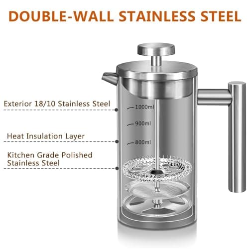 French Press Coffee Maker 50oz, 304 Stainless Steel Double Wall Insulated, Portable Coffee Press for Camping, Backpacking, Kitchen, Gift Set with Stainless Steel Filter - Silver
