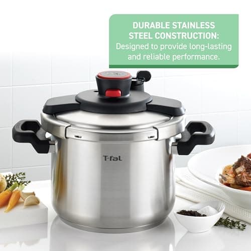 T-fal Clipso Stainless Steel Pressure Cooker 6.3 Quart, Induction, Secure locking System, One Hand System, Recipe Book Included, Cookware, Pots and Pans, Kitchen, Dishwasher Safe, Silver