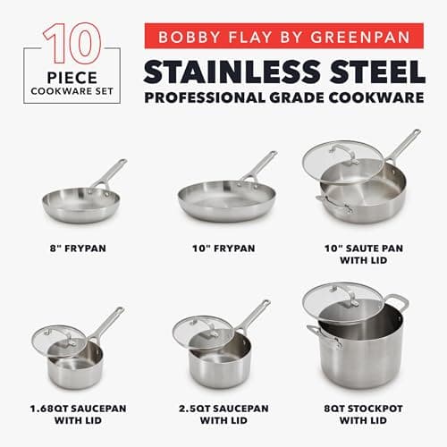 GreenPan x Bobby Flay 10 Piece Stainless Steel Cookware Set, Tri-Ply Multiclad Pots & Pans, Professional Grade, Oven & Broiler Safe to 600°F, Dishwasher Safe, Durable, Induction Compatible, Silver