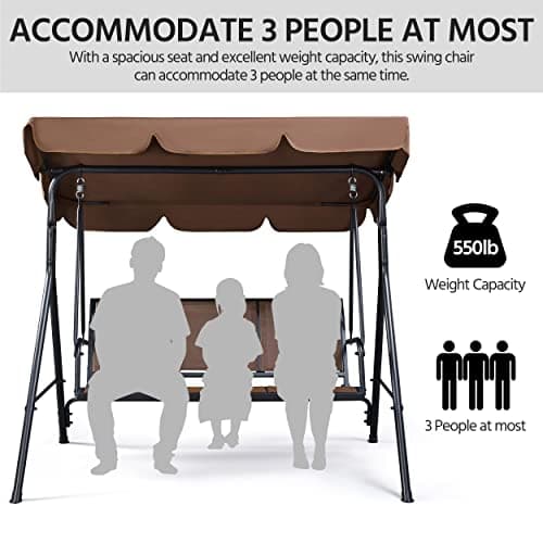 Yaheetech Outdoor Porch Swing Chair for Adults, 3-Seat Patio Hanging Swing w/Adjustable Canopy, Armrests, Porch Swing Sets w/Stand, Breathable Fabric for Backyard/Garden/Balcony, Dark Brown