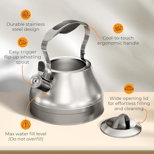 Stovetop Whistling Tea Kettle – 2.4 QT Stainless Steel Teapot with Ergonomic Handle, Fast Heating for Gas, Electric & Induction Stoves – Satin Finish, Silver
