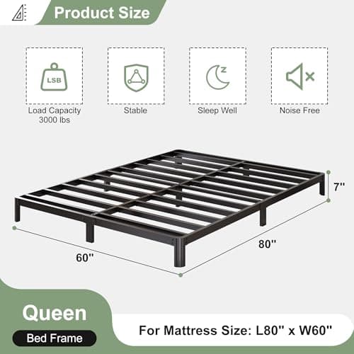 7 Inch Low Queen Bed Frame with Rounded Corner Legs, 2000 LBS Heavy Duty Metal Slats Support Queen Platform Bed Frame No Box Spring Needed, Easy Assembly, Black
