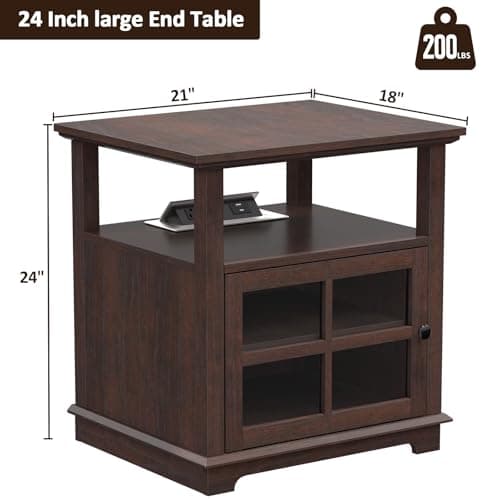 HIFYOBRO 24''Tall End Table with Charging Station, Adjustable Shelf, Storage Side Table,21" Large Nightstand for Living Room, Bedroom,Espresso