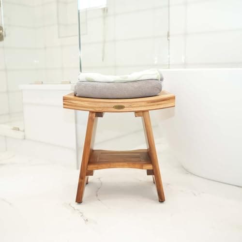 EcoDecors 18 Inch Serenity 300 Pound Capacity Waterproof Teak Wood Shower Bench Stool Seat Chair For Inside Shower Storage Shelf Provides Safety, and Storage, For Bathroom Accessories Natural Color