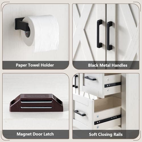 AMERLIFE 36" Farmhouse Bathroom Vanity with Sink Combo, Wood Barn Door Freestanding Small Single Bath Storage Cabinet Set with Sliding Drawers & Open Shelf, Paper Towel Holder, Antique White