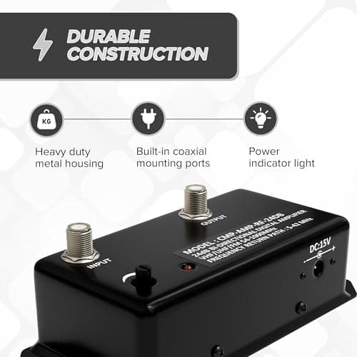 THE CIMPLE CO Antenna Amplifier, Digital TV Signal Booster, Adjustable Gain, 24 dB Distribution, NTSC, ATSC, FM, UHF, VHF, 1000 MHz, Includes RG6 Coaxial Cable