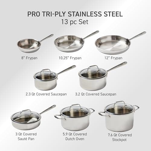 T-Fal Pro Tri-Ply Stainless Steel Cookware Set 13 Piece, Induction Compatible Oven Safe 500F, Lids 350F, Fast & Even Heat, Professional Quality & Durability, Pots and Pans Set, Dishwasher Safe, Silver