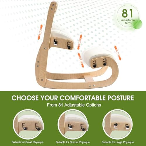 Ergonomic Kneeling Chair with Back Support,Kneeling Chair Improve Posture and Relife Back Pain,Soft Memory Arc-Pad and Wood Adjustable Height Rocking Knee Chairs,Ideal for Office Home Desk,Natual