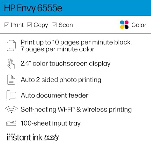 HP Envy 6555e Wireless All-in-One Color Inkjet Printer, Print, scan, Copy, Duplex Printing Best-for-Home, 3 month Instant Ink trial included (714N5A)