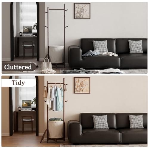 Solid Wood Coat Rack with Fabric Basket - Coat Hanger Stand Coat Tree Rack Freestanding with 9 Hooks Wheels, Small Clothes Rack For Entryway Bedroom Hallway Living Room