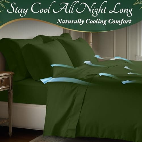 DECOLURE 100% Organic Viscose Derived from Bamboo Sheets Queen Size 6pcs - Ultra Soft & Luxuriously Cooling, 17" Deep Pocket, Double Stitching, Perfect for Hot Sleepers - Queen Bed Sheets (Olive)