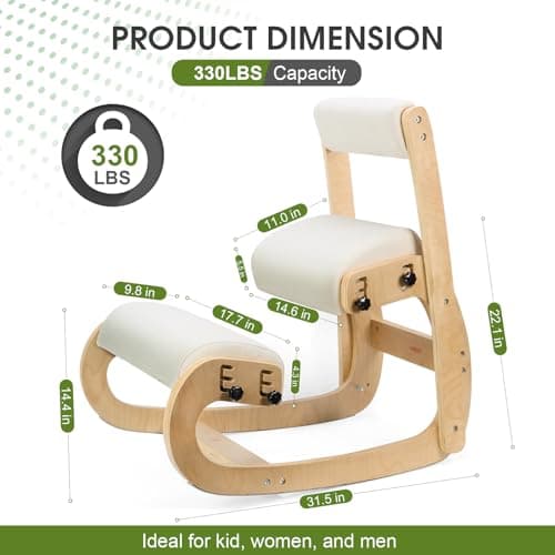 Ergonomic Kneeling Chair with Back Support,Kneeling Chair Improve Posture and Relife Back Pain,Soft Memory Arc-Pad and Wood Adjustable Height Rocking Knee Chairs,Ideal for Office Home Desk,Natual