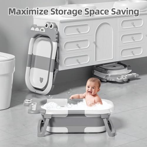 TPN Collapsible Baby Bathtub for Infants to Toddler with Real-time Temp Monitor+Floating Cushion,Foldable Baby Bath Tub Set Applicable 0-36 Month,Perfect Portable Travel Baby Tub for Newborns Boy
