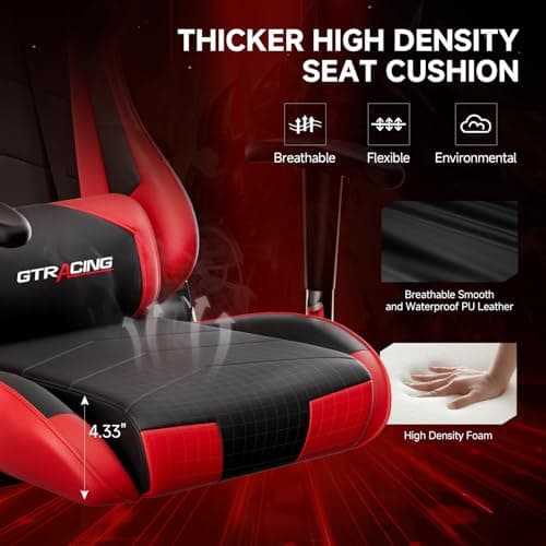 GTRACING Gaming Chair with Reclining Backrest, Adjustable Height and Swivel Base, Ergonomic Computer Chair with Headrest and Lumbar Support (Red)