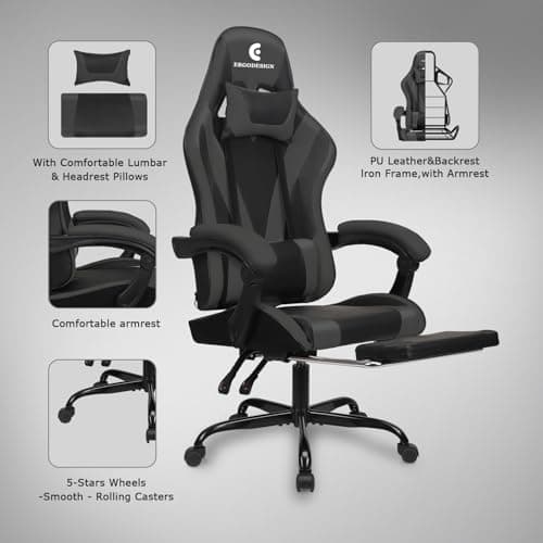 Gaming Chair with Linkage Armrest & Footrest, High Back Video Gaming Chair, Black/Grey
