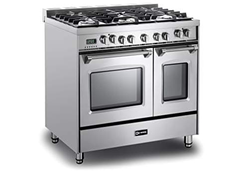 Verona VPFSGE365DSS 36" Prestige Series Freestanding Dual Fuel Range with Double Oven 5 Sealed Burners Oven Racks and Cast-Iron Grates in Stainless Steel