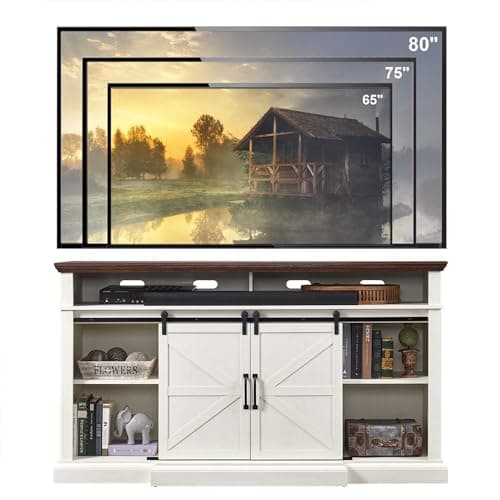 Farmhouse TV Stand for 80 Inch TVs, 38" Tall Entertainment Center w/Storage Cabinets and Sliding Barn Door, Media Console Cabinet w/Soundbar & Adjustable Shelves for Living Room, 69inch (White)