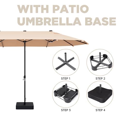 15FT Large Patio Umbrella with Base Included, Outdoor Deck Standing Umbrella with Crank Handle, Double-Side Rectangular Pool Umbrella for Outside, Market, Patio, Beige