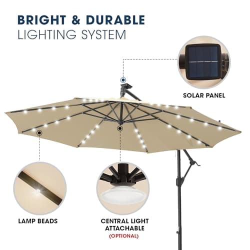 wikiwiki 10FT Solar Patio Offset Umbrella with Base Included, Outdoor Cantilever Umbrella Hanging Umbrellas with Weighted Sandbag Base, Market Patio Umbrella for Backyard, Garden & Deck, Beige