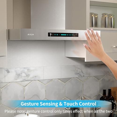 IKTCH 36-Inch Wall Mount Range Hood, 900 CFM Ducted Vent Hood with 4-Speed Fan, Gesture Sensing & Touch Control, Stainless Steel Kitchen Chimney Vent with Adjustable LED Lights