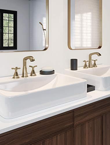 Delta Faucet Stryke Widespread Bathroom Faucet 3 Hole, Gold Bathroom Faucet with Cross Handles, Diamond Seal Technology, Metal Drain Assembly, Champagne Bronze 357766-CZMPU-DST