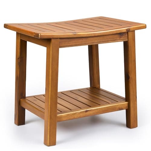 Teak Shower Bench, 20" Solid Wood Shower Stool Waterproof Shower Seat with Storage Shelf for Bathroom, Indoor & Outdoor Use