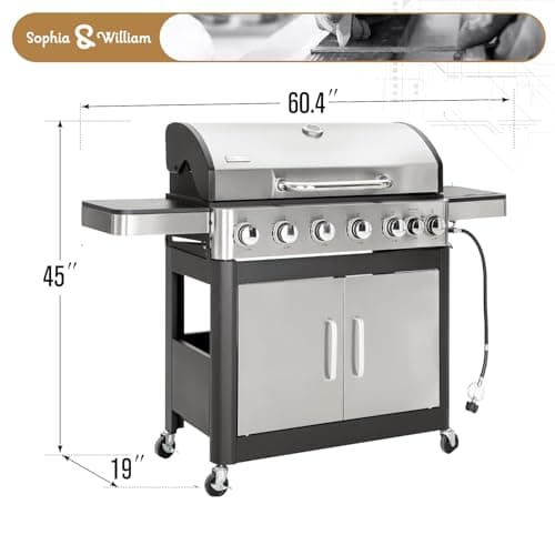 Sophia & William 6-Burner Propane Gas BBQ Grill with Side Burner & Porcelain-Enameled Cast Iron Grates, Stainless Steel Barbecue Grills Outdoor Cooking for Outside, 665 SQ.IN. Cooking Area, 65,800BTU