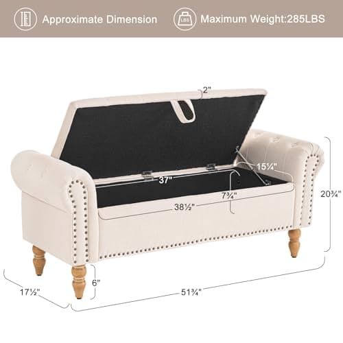 Furniliving 51” Storage Benches, End of Bed Bench with Button-Tufted Large Upholstered Storage Ottoman Linen Window Bench with Storage Shoe Cabinet Bench, for Bedroom, Entryway, Closet, Beige